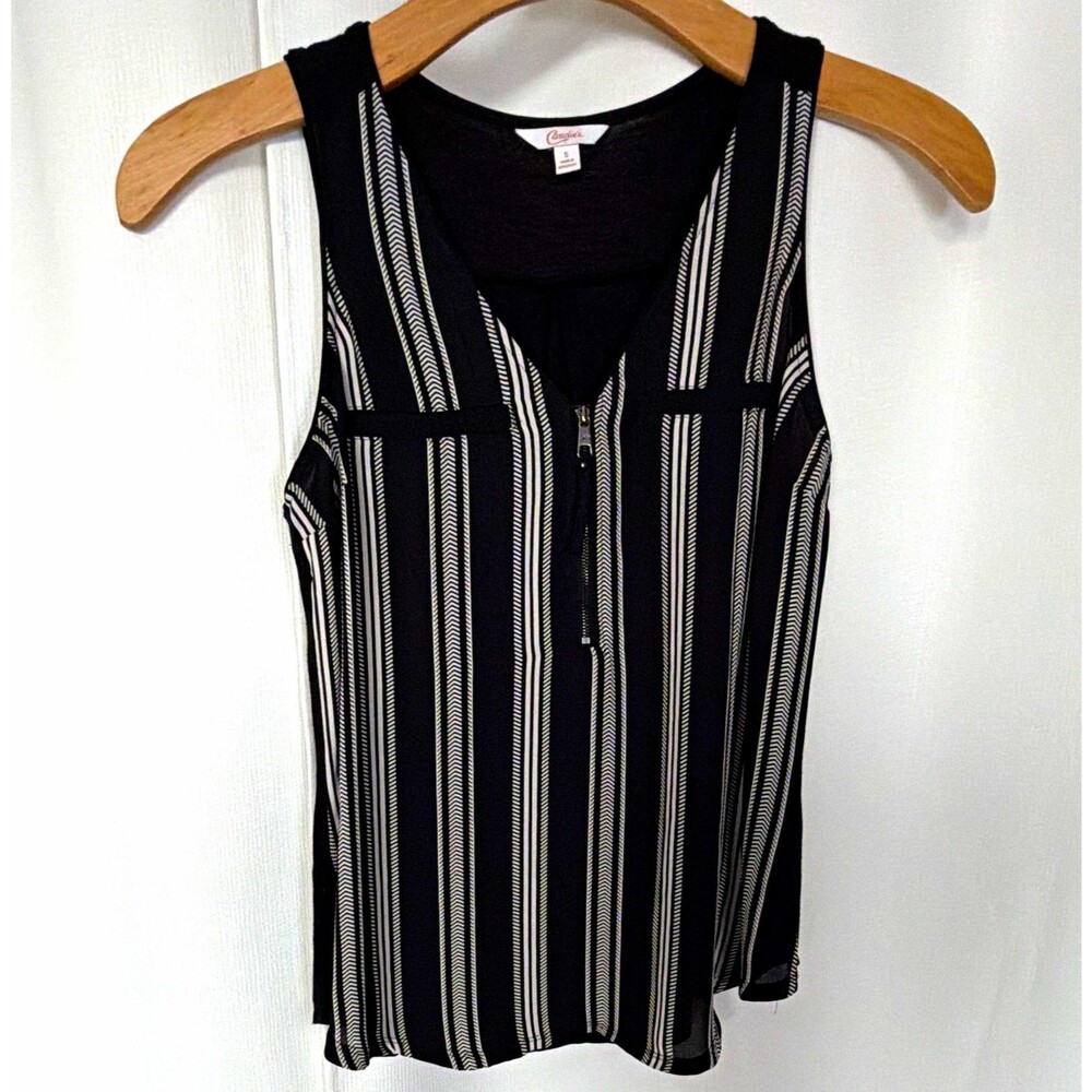 Candie’s Women’s S Black/White Striped V-Neck Sleeveless Zip Front Tank Top